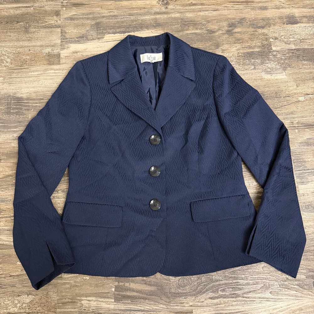 Le Suit Women’s Navy Blue Three-Button Blazer Jacket Size 8